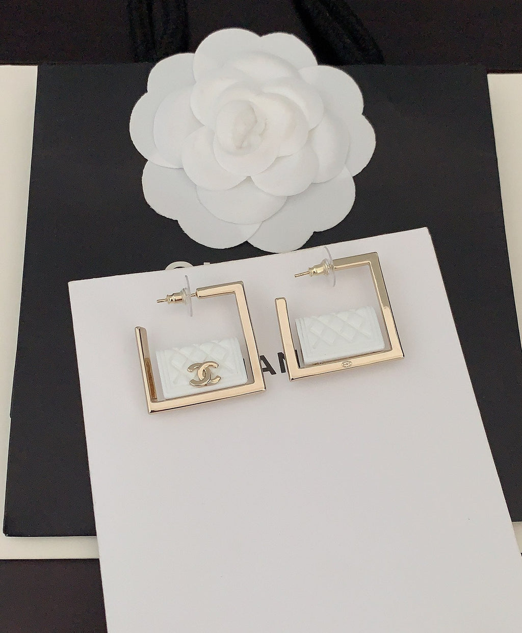 Chanel White Bag Pendant Earrings - 18K Yellow Gold