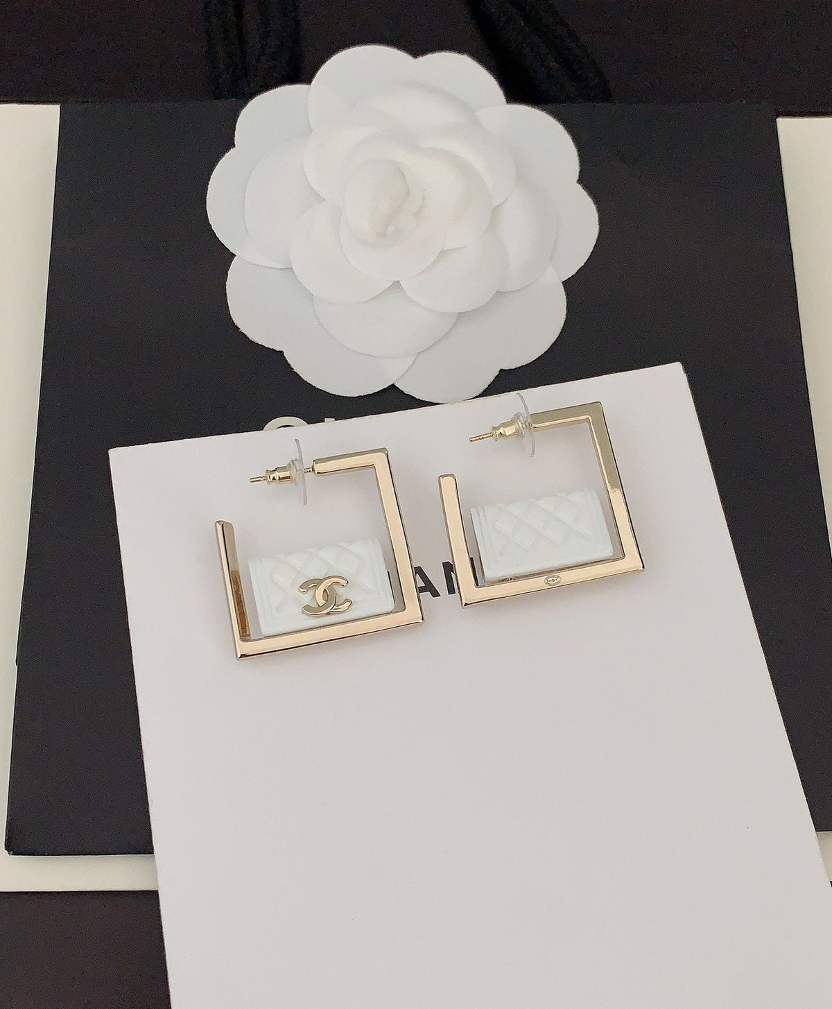 Chanel White Bag Pendant Earrings - 18K Yellow Gold