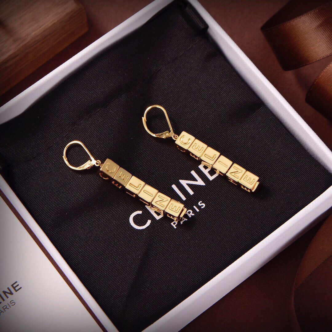 Celine Triomphe Script Cube Earrings - 18K Gold