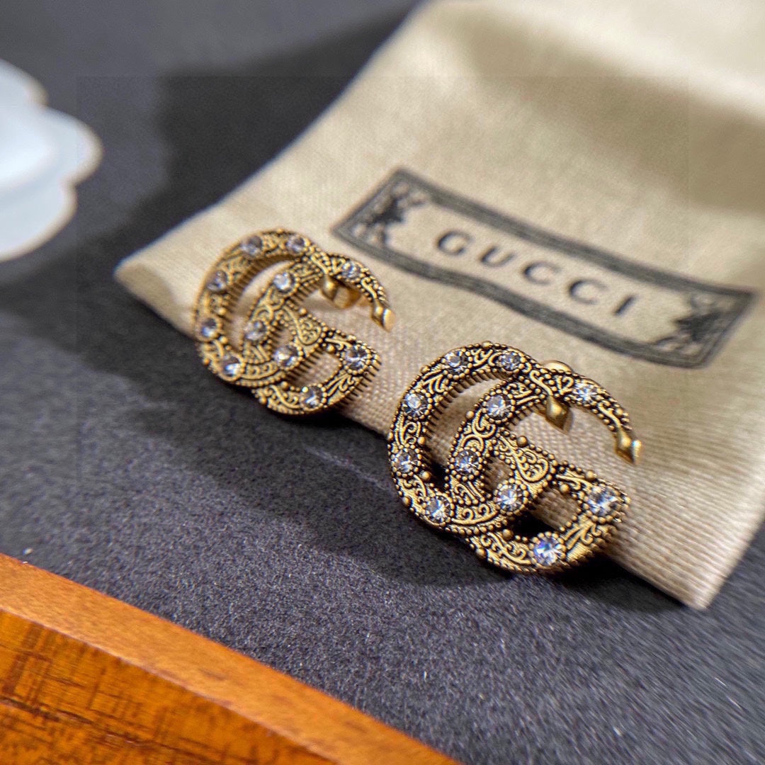 Gucci Double G Crystal Earrings - 18K Yellow Gold