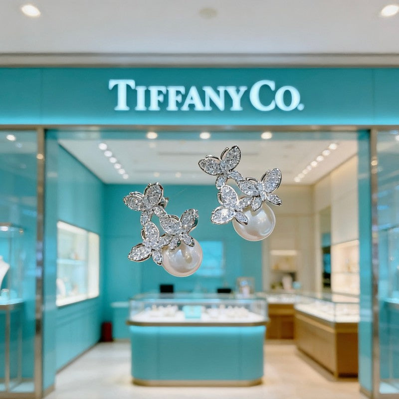 Tiffany Diamond Pearl Earrings - 18K White Gold