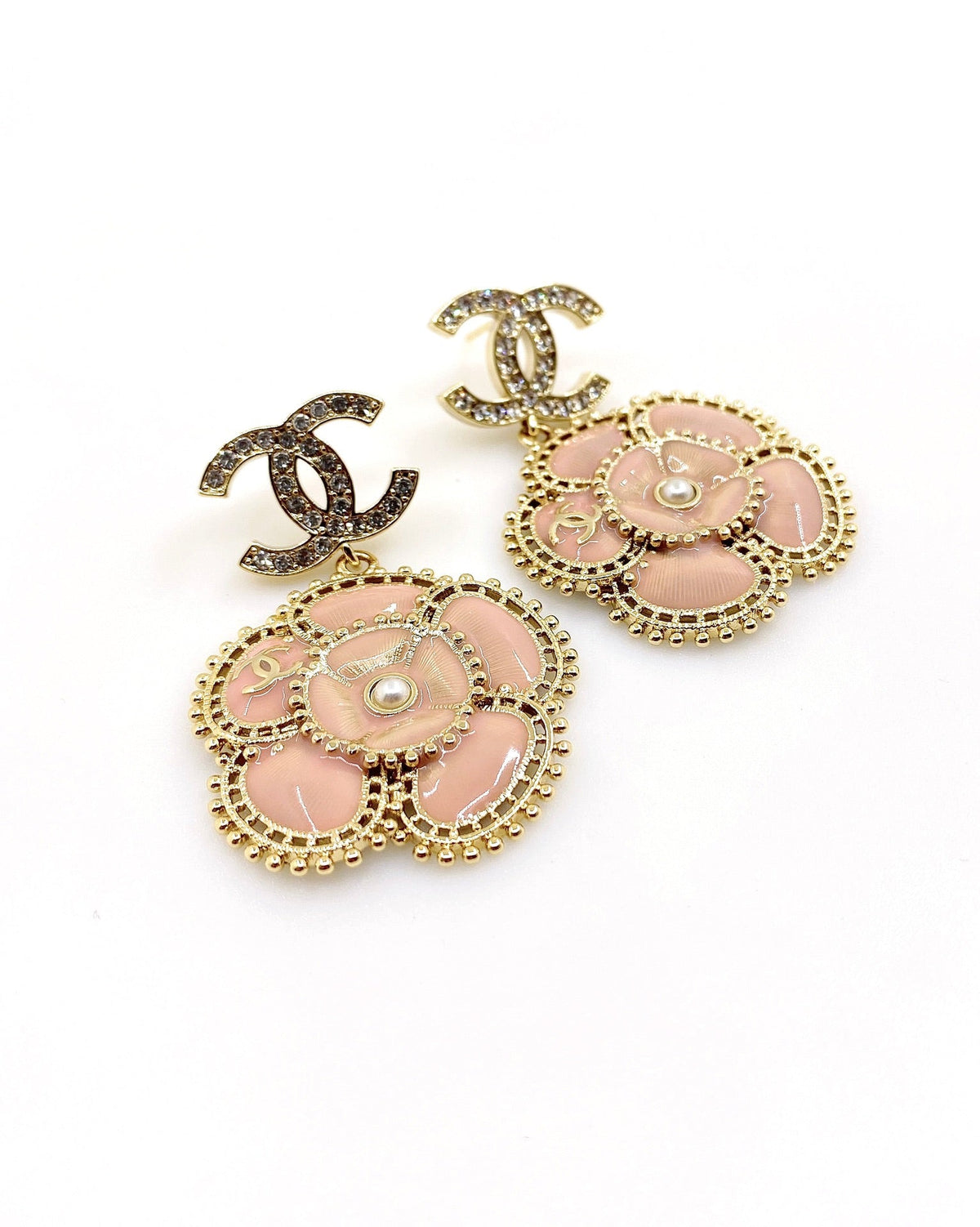 Chanel Pink Flower Earrings - 18K Yellow Gold