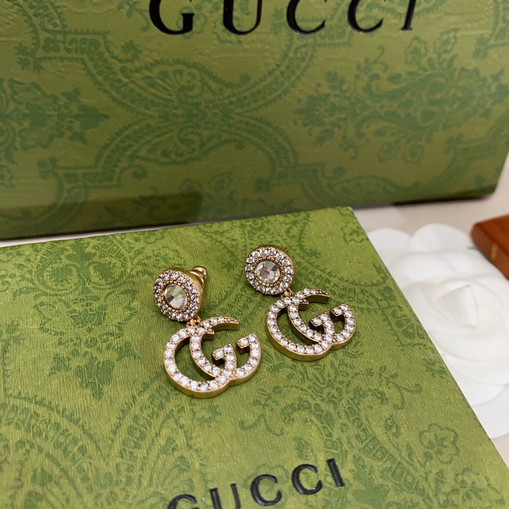 Gucci Double G Crystal Pendant Earrings - 18K White Gold
