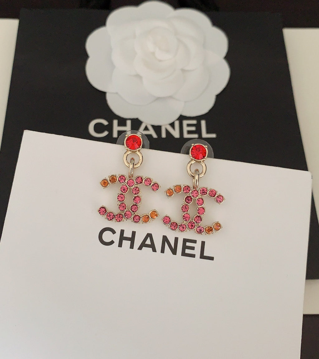 Chanel Pink Crystal Earrings - 18K Yellow Gold
