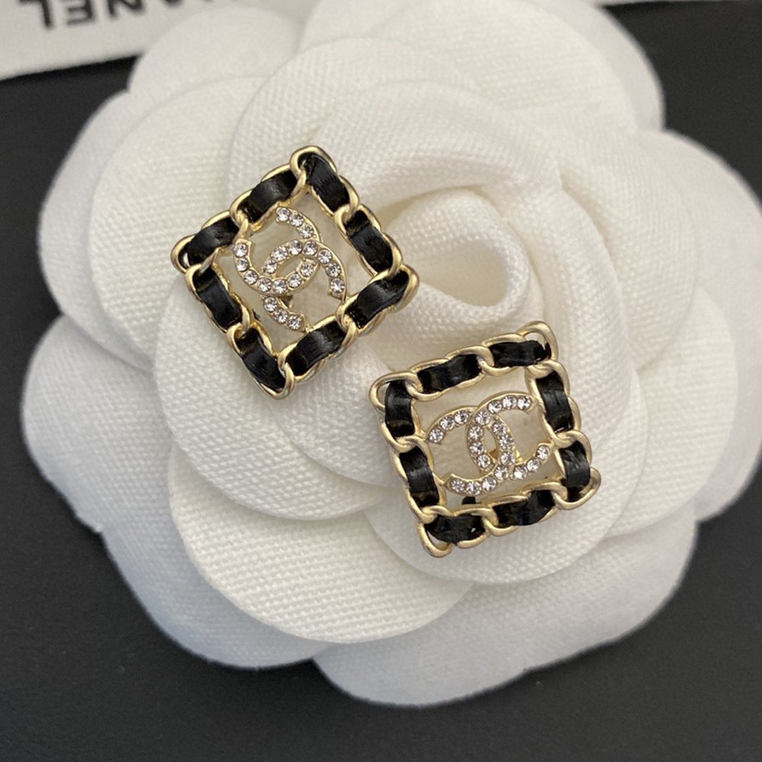 Chanel Square Leather Earrings - 18K Yellow Gold
