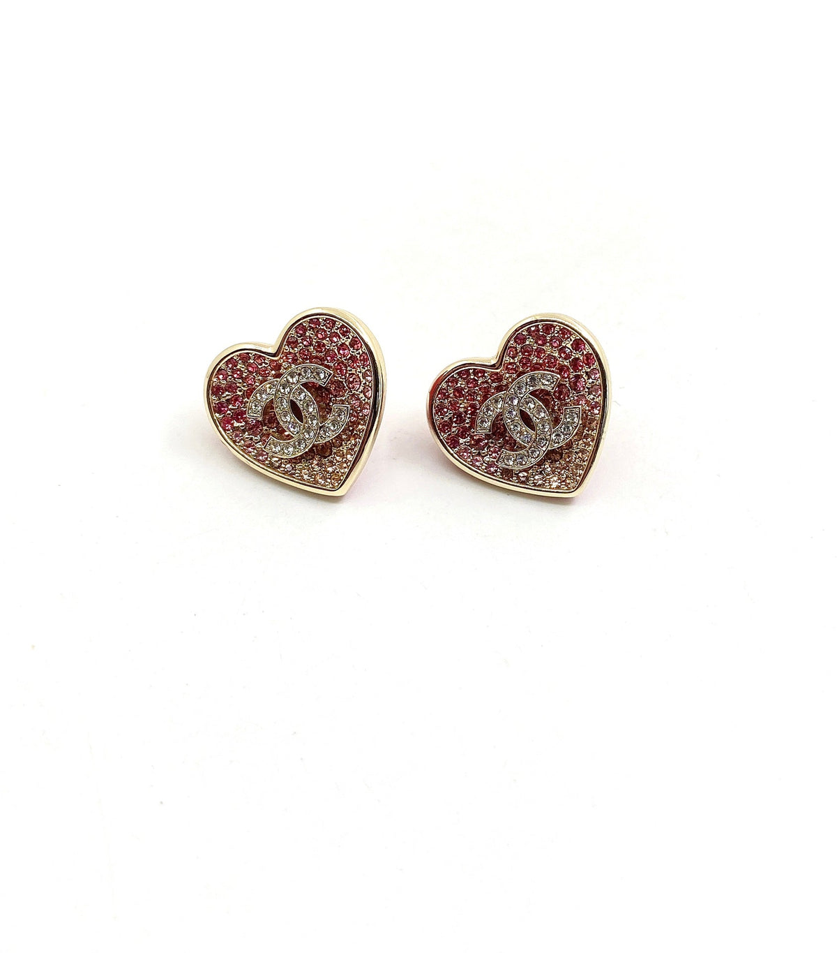 Chanel Diamond Pink Heart Earrings - 18K Yellow Gold