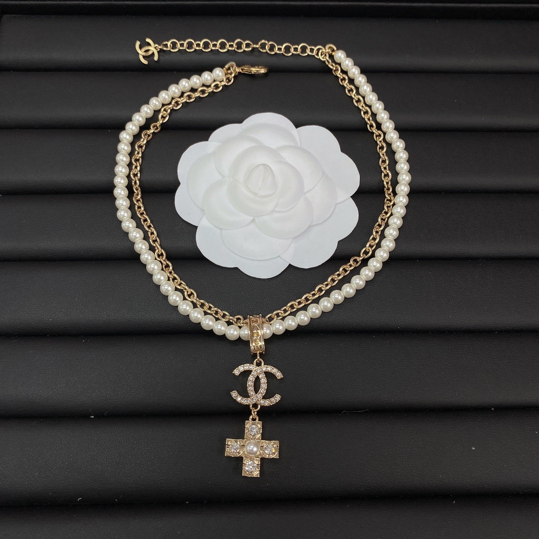 Chanel Cross Diamond Pearl Chain Necklace