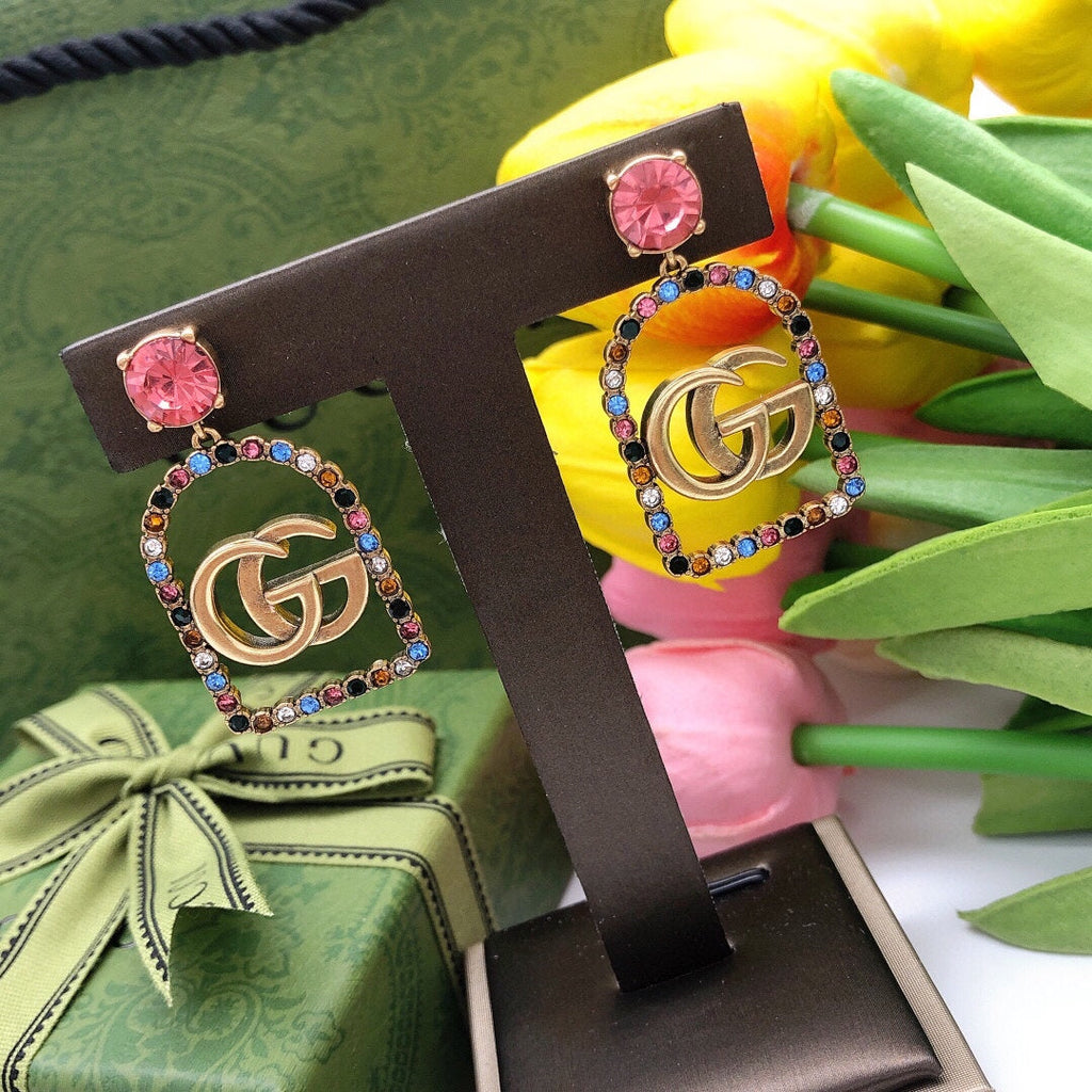 Gucci Double G Color Crystal Earrings - 3.5 cm Height - 18K Yellow Gold