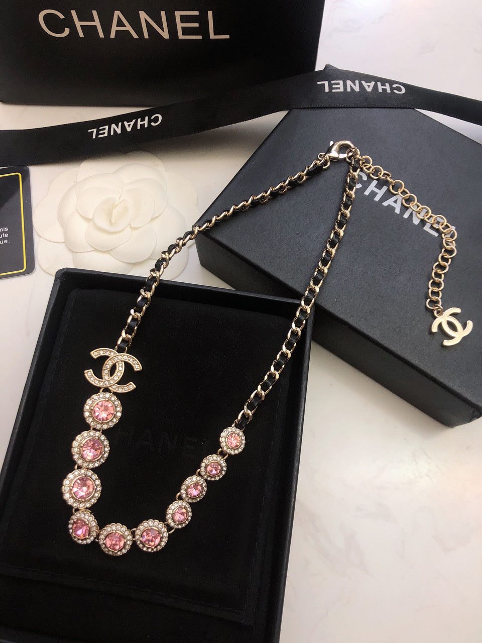 Chanel Pink Crystals Leather Necklace