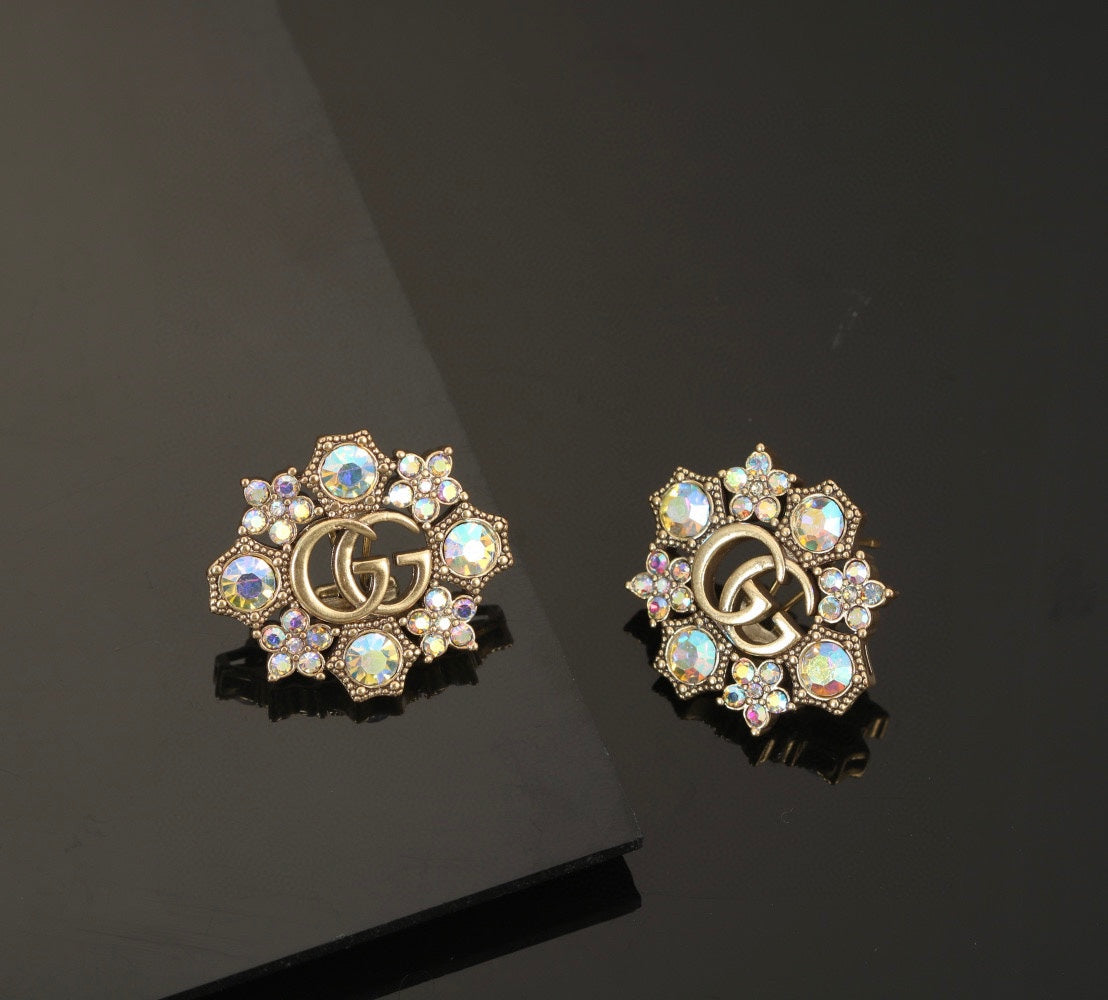 Gucci Double G Blue Flowers Earrings - 2.25 cm Height - 18K Yellow Gold