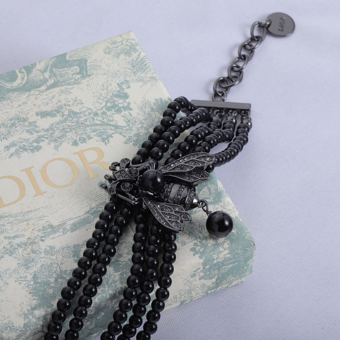 Dior Bee Black Pearls Chain Necklace