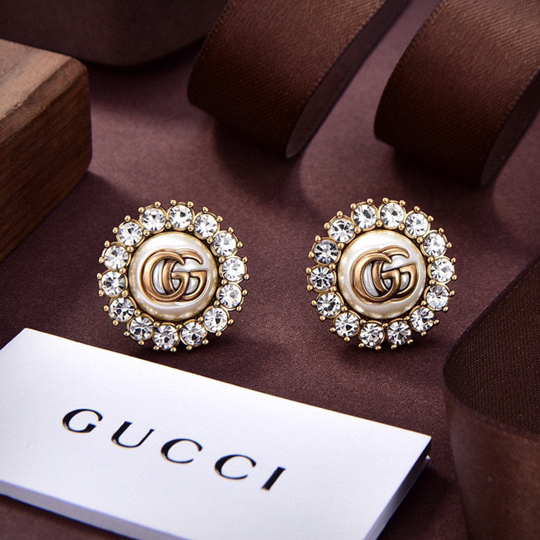 Gucci Double G Flower Crystal Earrings - 18K Yellow Gold