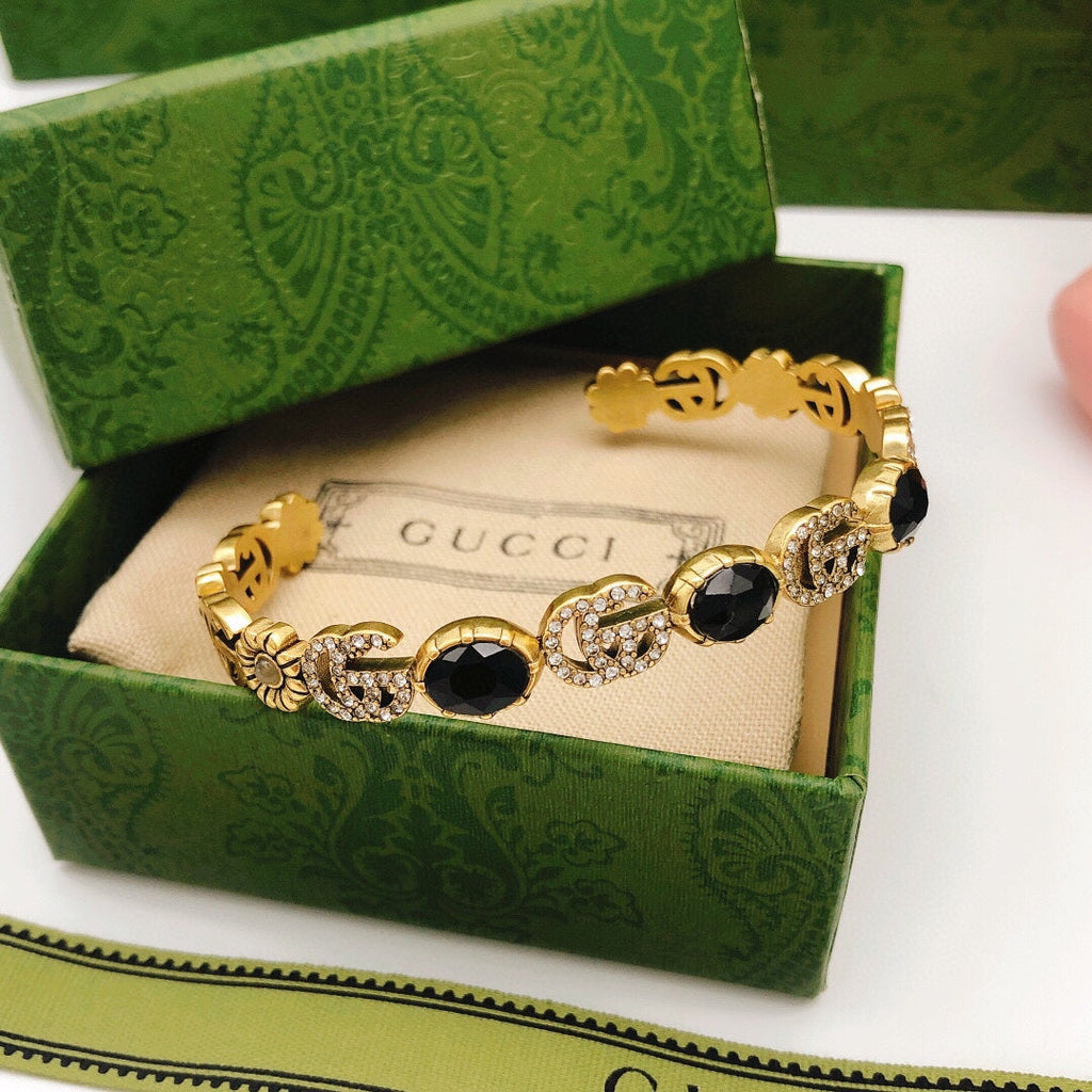 Gucci Double G Flowers Black Crystals Open Cuff Bracelet