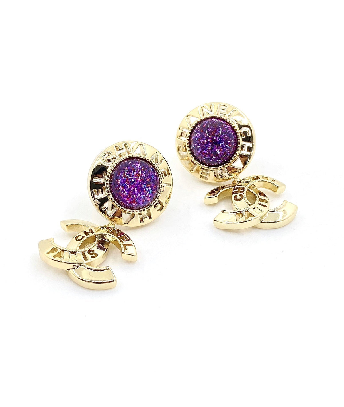 Chanel Purple Crystal Earrings - 18K Yellow Gold