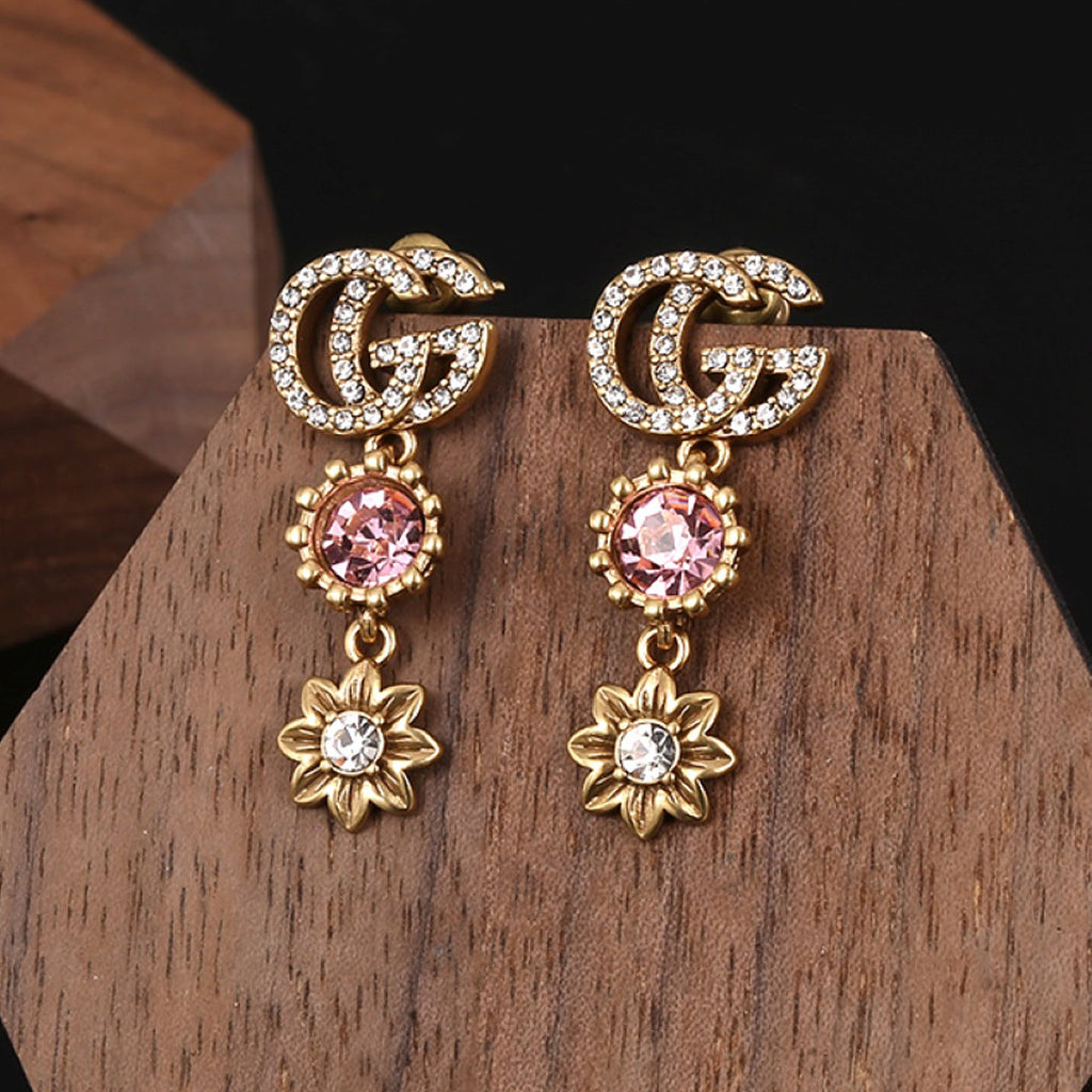 Gucci Double G Flower Crystal Earrings - 18K Yellow Gold