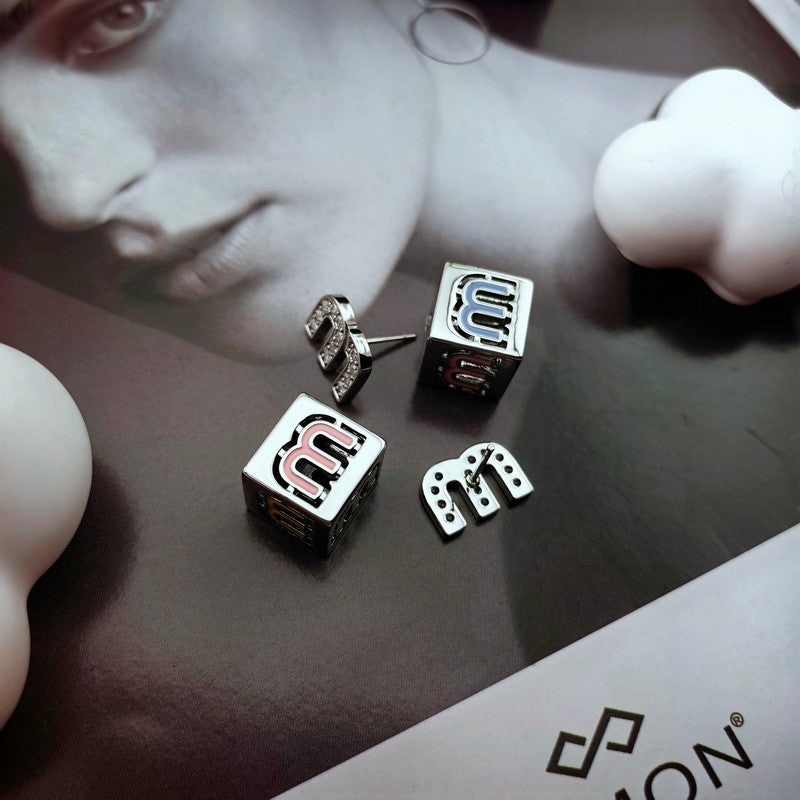 Miu Green & Yellow Cube Earrings - 18K White Gold