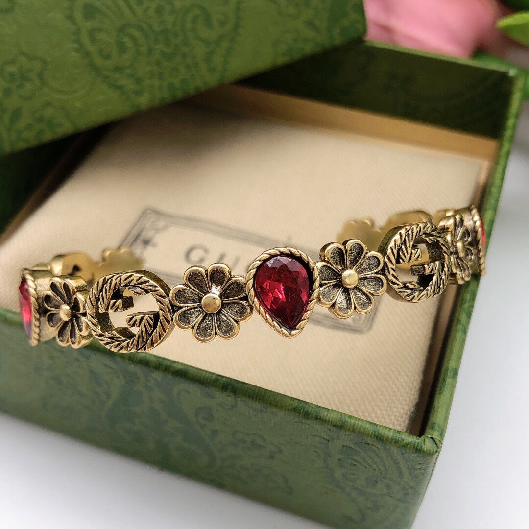 Gucci Double G Flowers Red Crystals Open Cuff Bracelet