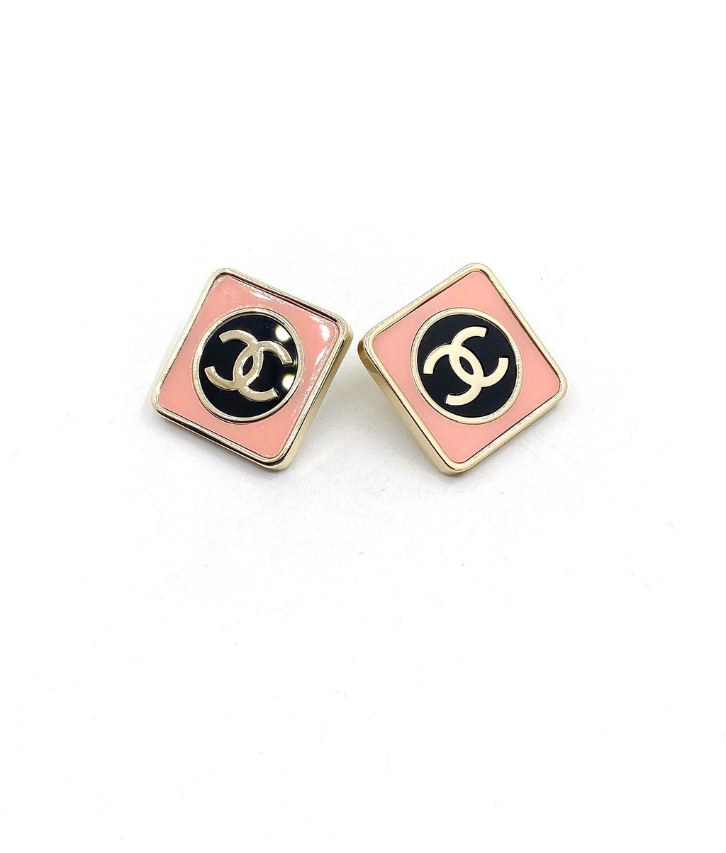 Chanel Square Pink Earrings - 18K Yellow Gold
