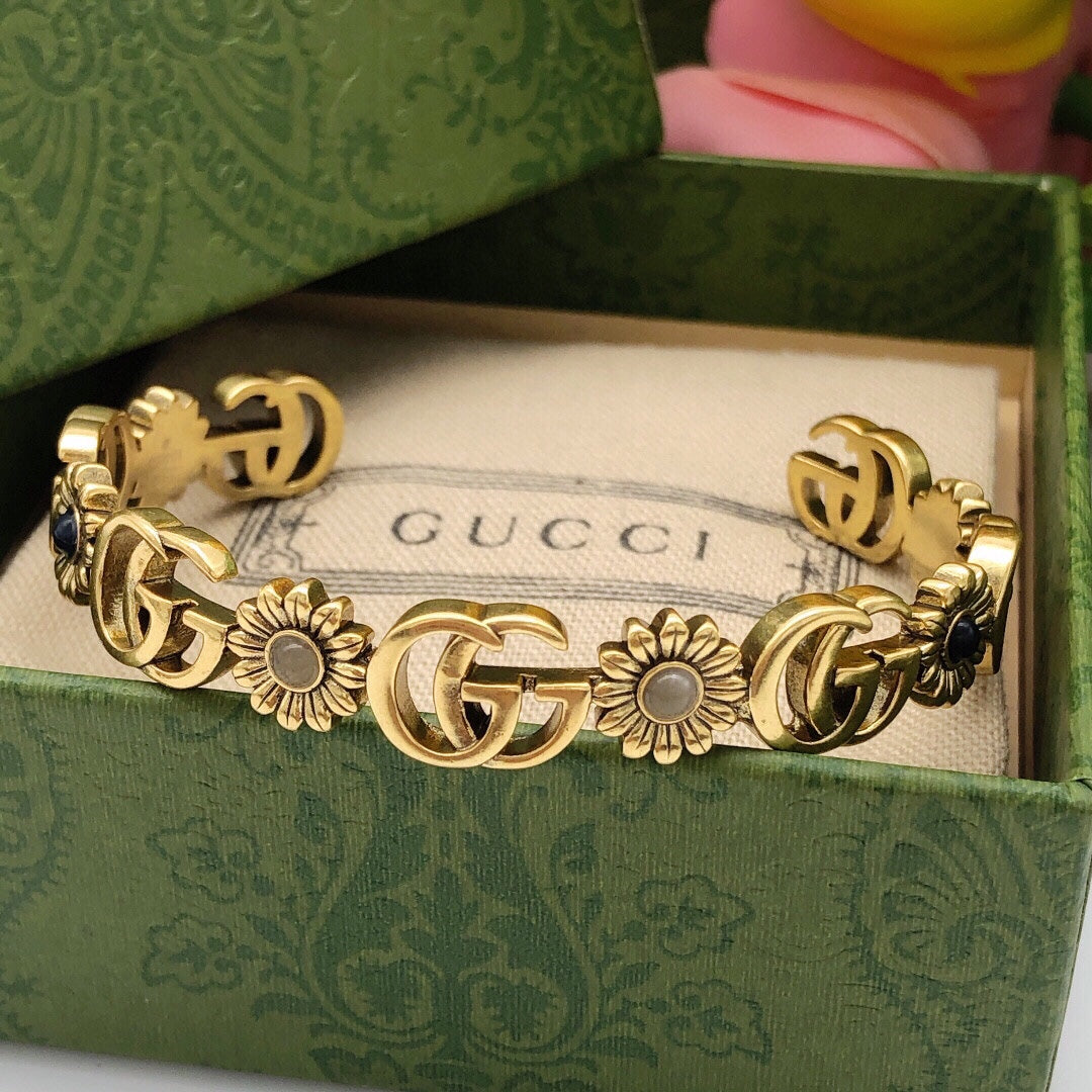Gucci Double G Flowers Open Cuff Bracelet