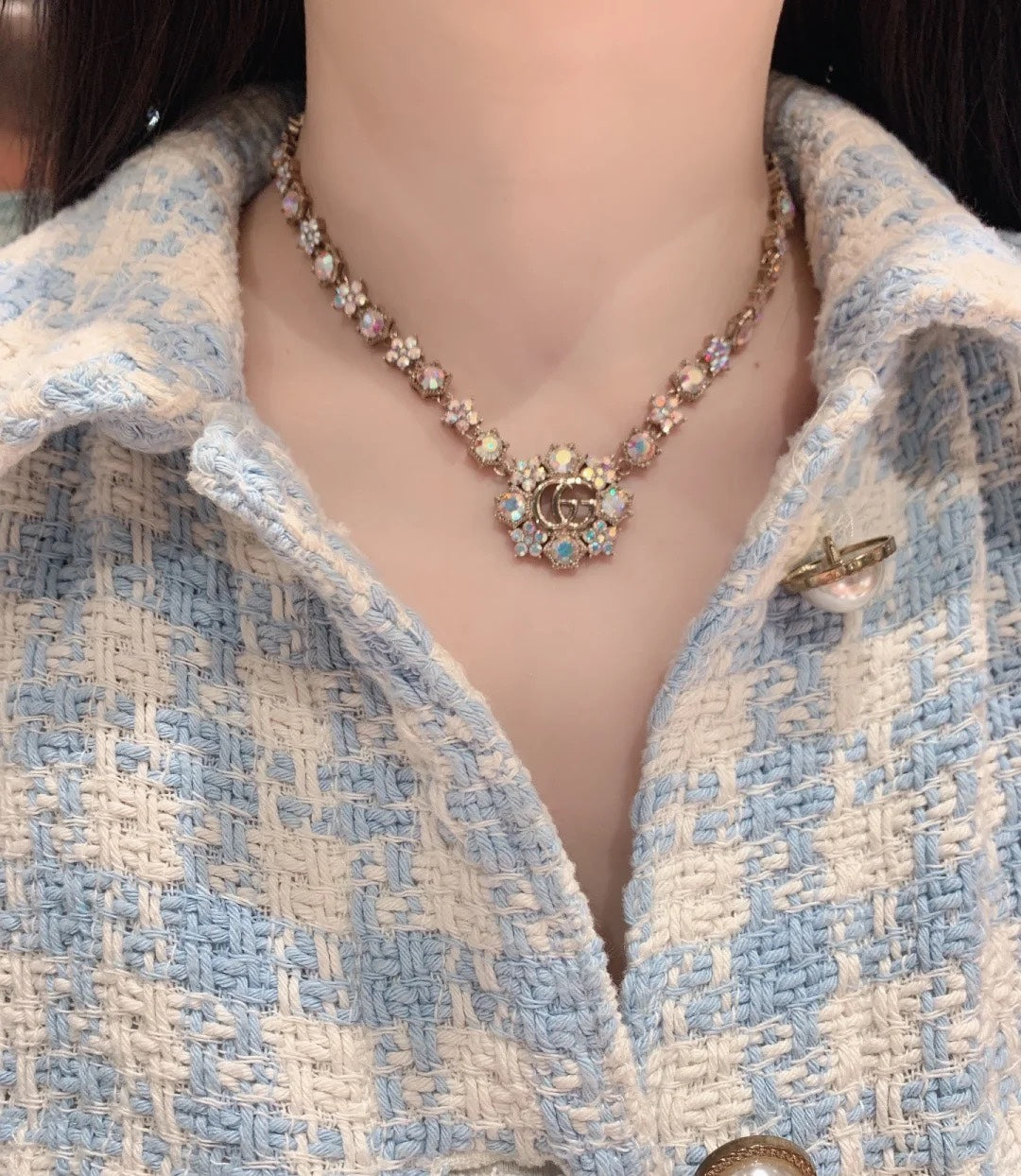 Gucci Double G Crystals Chain Choker Necklace