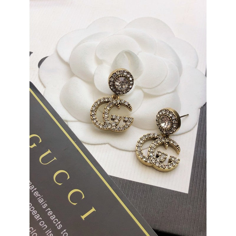 Gucci Double G Crystal Pendant Earrings - 18K Yellow Gold
