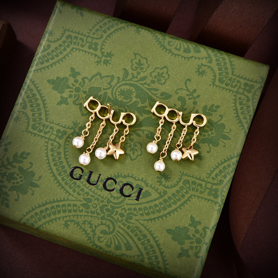 Gucci Double G Script Pearl Earrings - 18K Yellow Gold