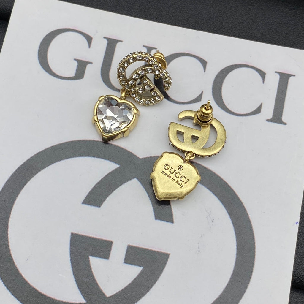Gucci Double G Crystal Pendant Earrings - 18K Yellow Gold