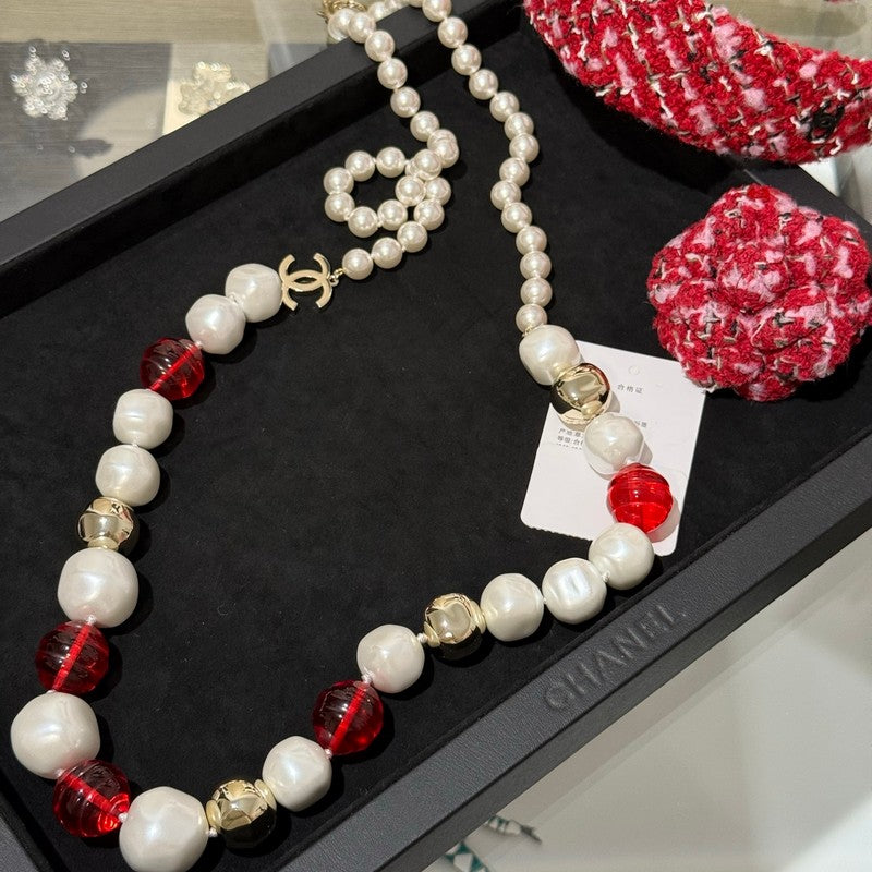 Chanel Red Crystal Pearl Necklace