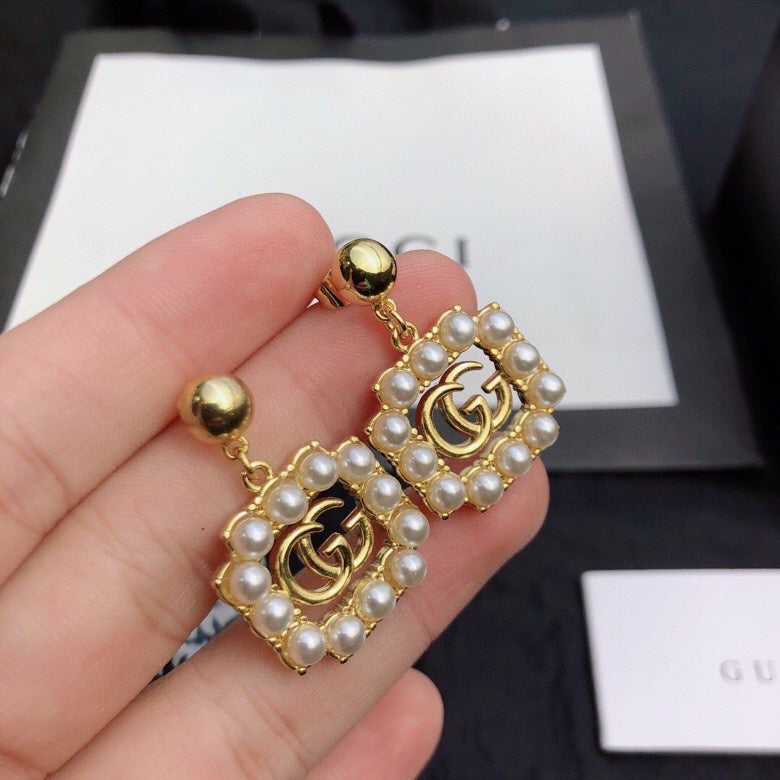 Gucci Double G Square Pearl Earrings - 18K Yellow Gold