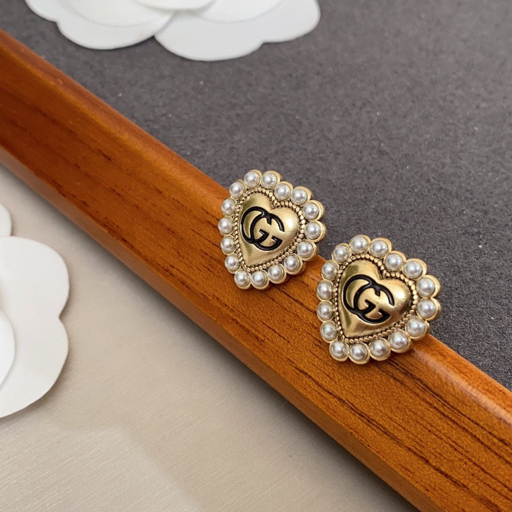 Gucci Double G Heart Pearl Earrings - 18K Yellow Gold