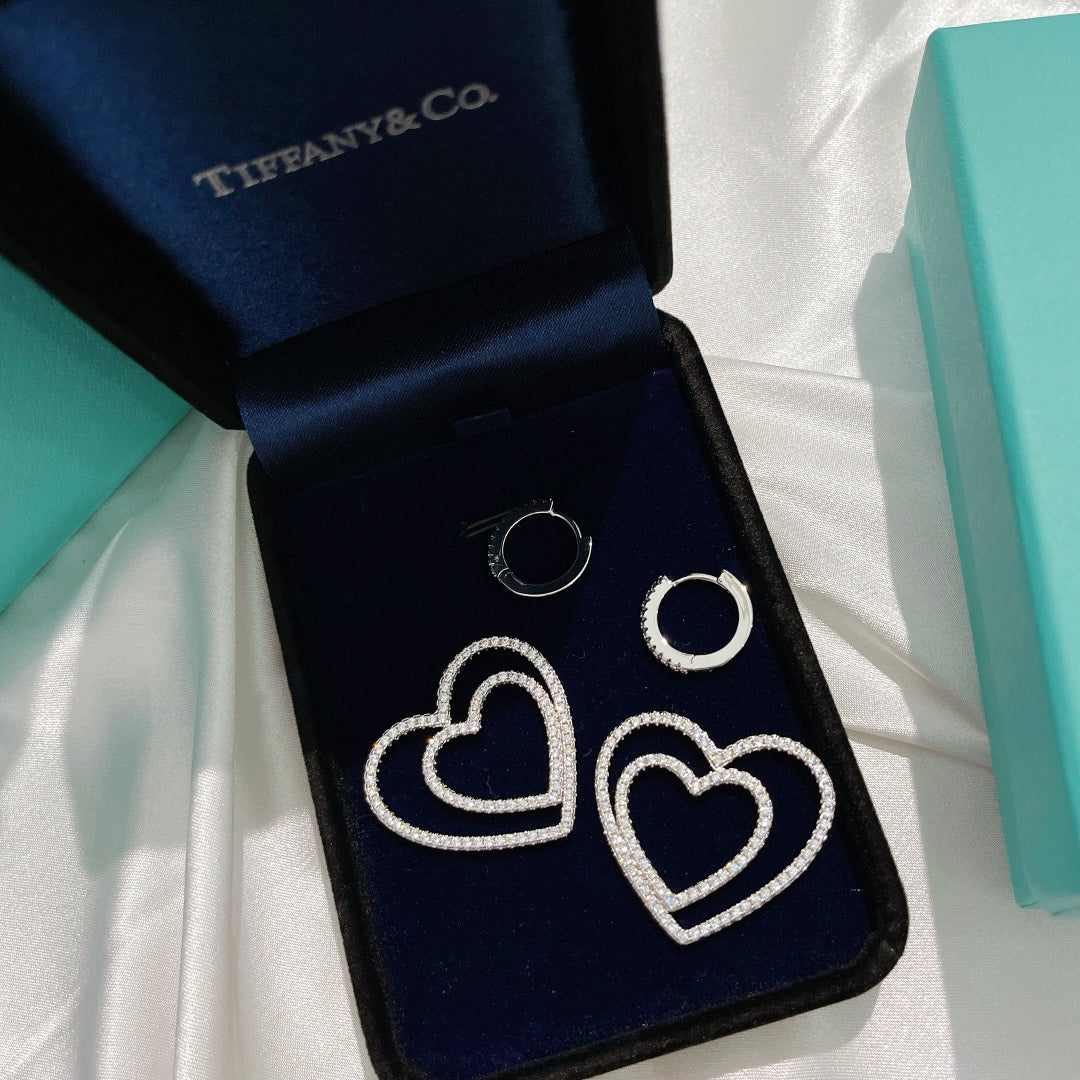 Tiffany Double Heart Diamond Earrings - 18K White Gold