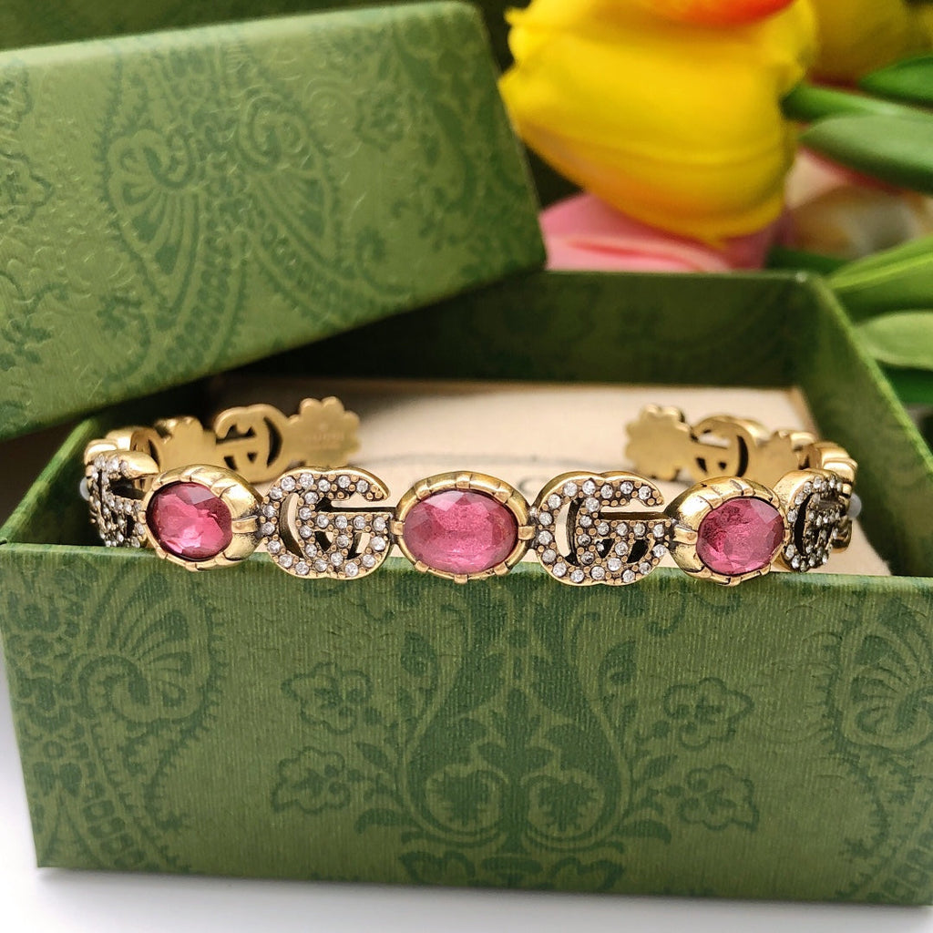 Gucci Double G Red Crystals Open Cuff Bracelet
