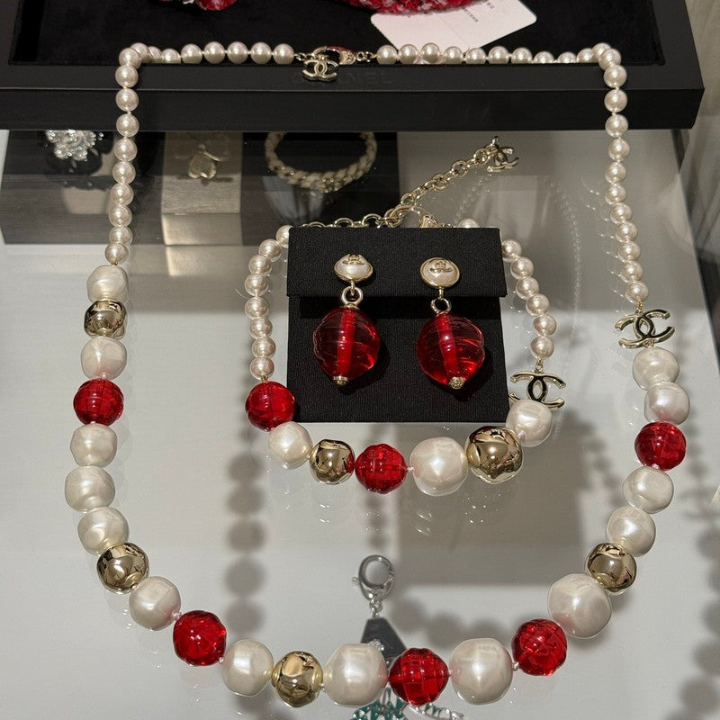 Chanel Red Crystal Pearl Choker Necklace