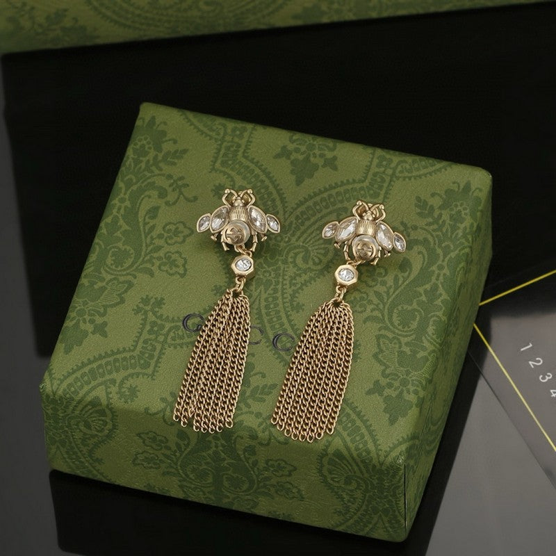 Gucci Double G Bee Tassel Crystal Earrings - 18K Yellow Gold