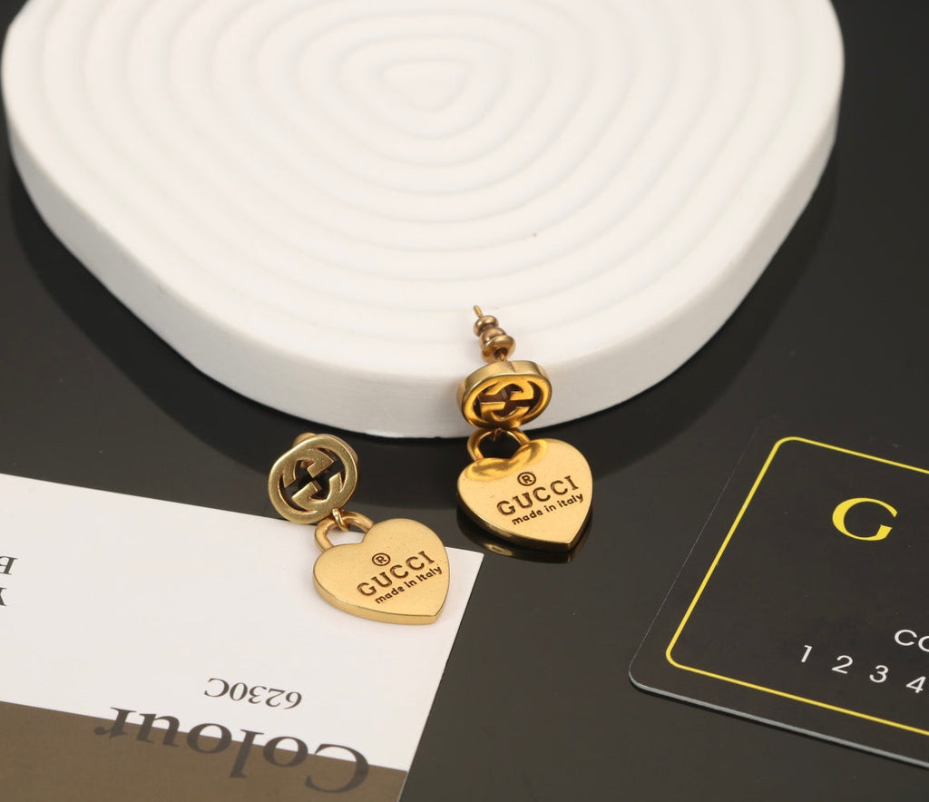 Gucci Double G Heart Pendant Earrings - 18K Yellow Gold