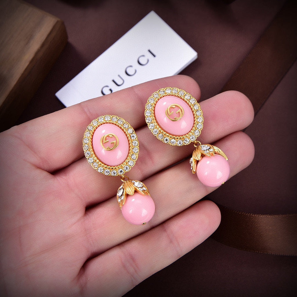 Gucci Double G Pink Pearl Earrings - 18K Yellow Gold