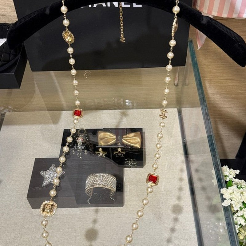 Chanel Long Pearl Red Crystal Necklace
