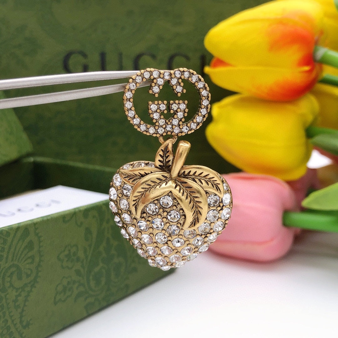 Gucci Double G Crystal Strawberry Pendant Earrings - 18K Yellow Gold