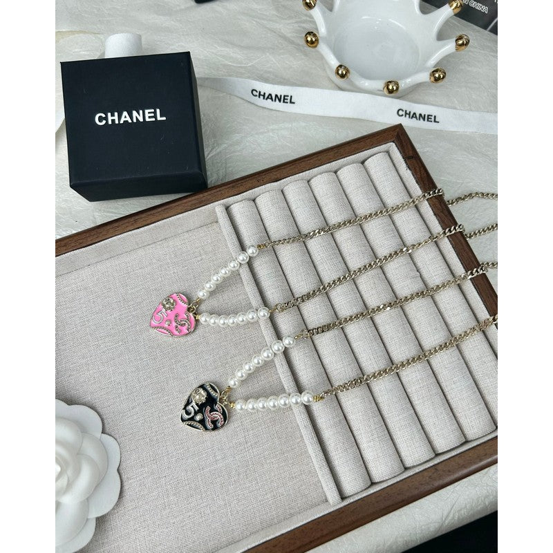 Chanel Pink & Black Heart Pearl Necklace