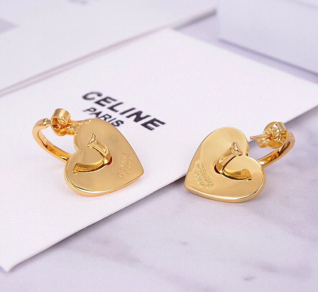 Celine Triomphe Red Heart Earrings - 18K Yellow Gold