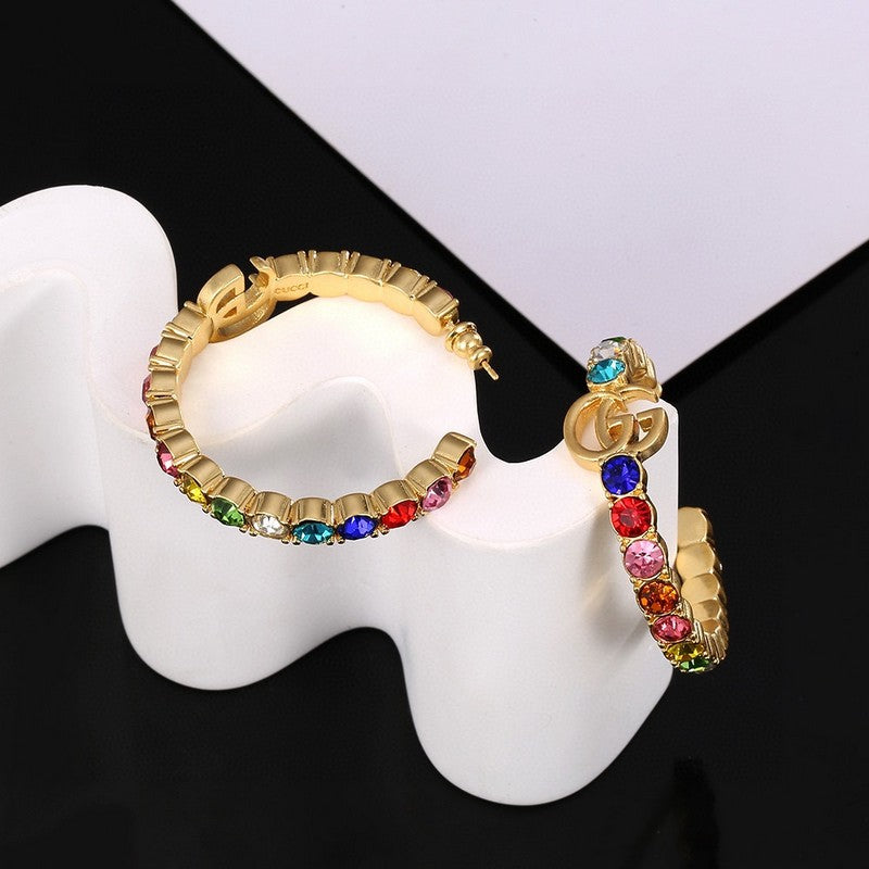 Gucci Double G Color Crystal Earrings - 2 cm Height - 18K Yellow Gold