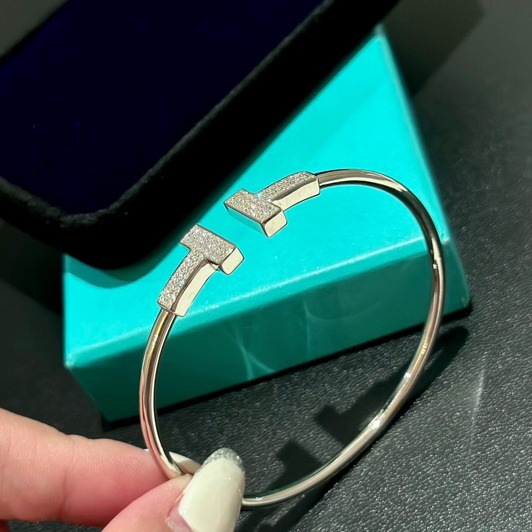 Tiffany Wide Moissanite Wire Bracelet - 18K White Gold
