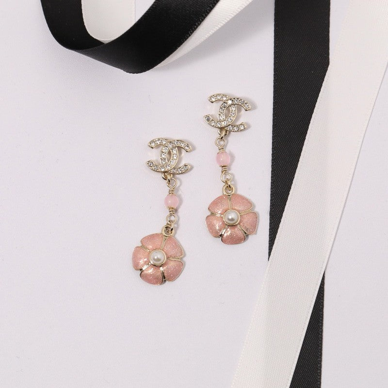 Chanel Black & Pink Camellia Diamond Long Earrings - 18K Gold