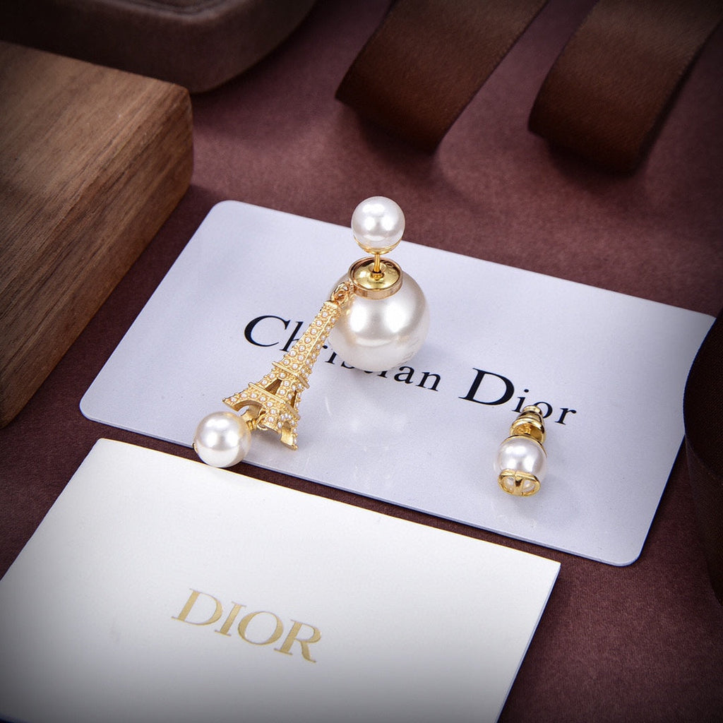 Dior Tribales Eiffel Tower Charm White Pearl Earrings