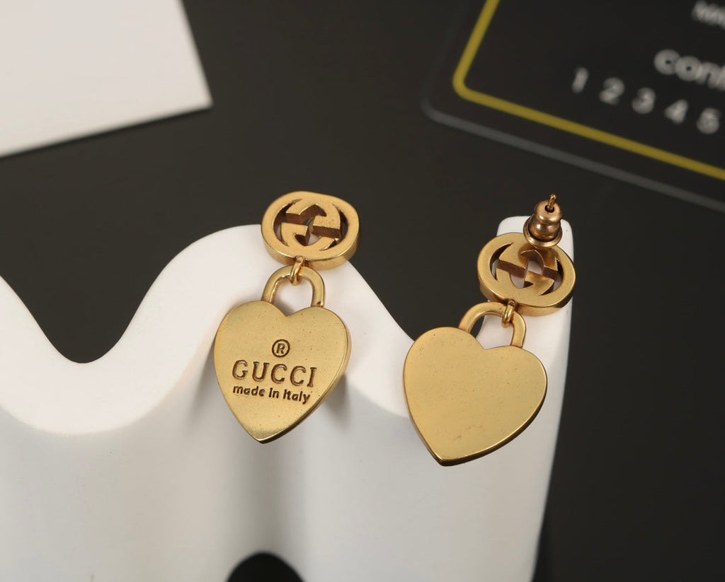 Gucci Double G Heart Pendant Earrings - 18K Yellow Gold