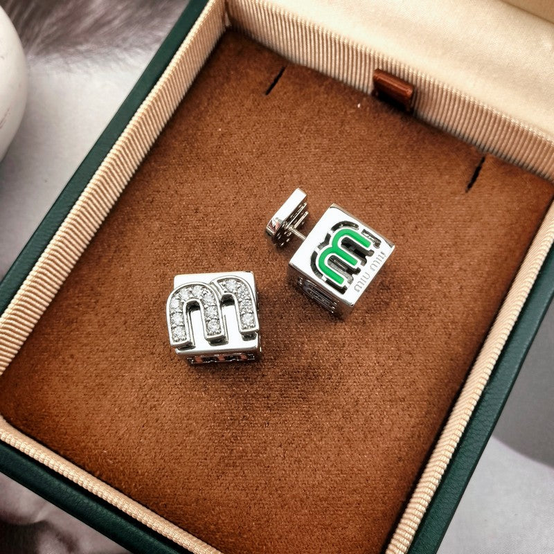Miu Green & Yellow Cube Earrings - 18K White Gold