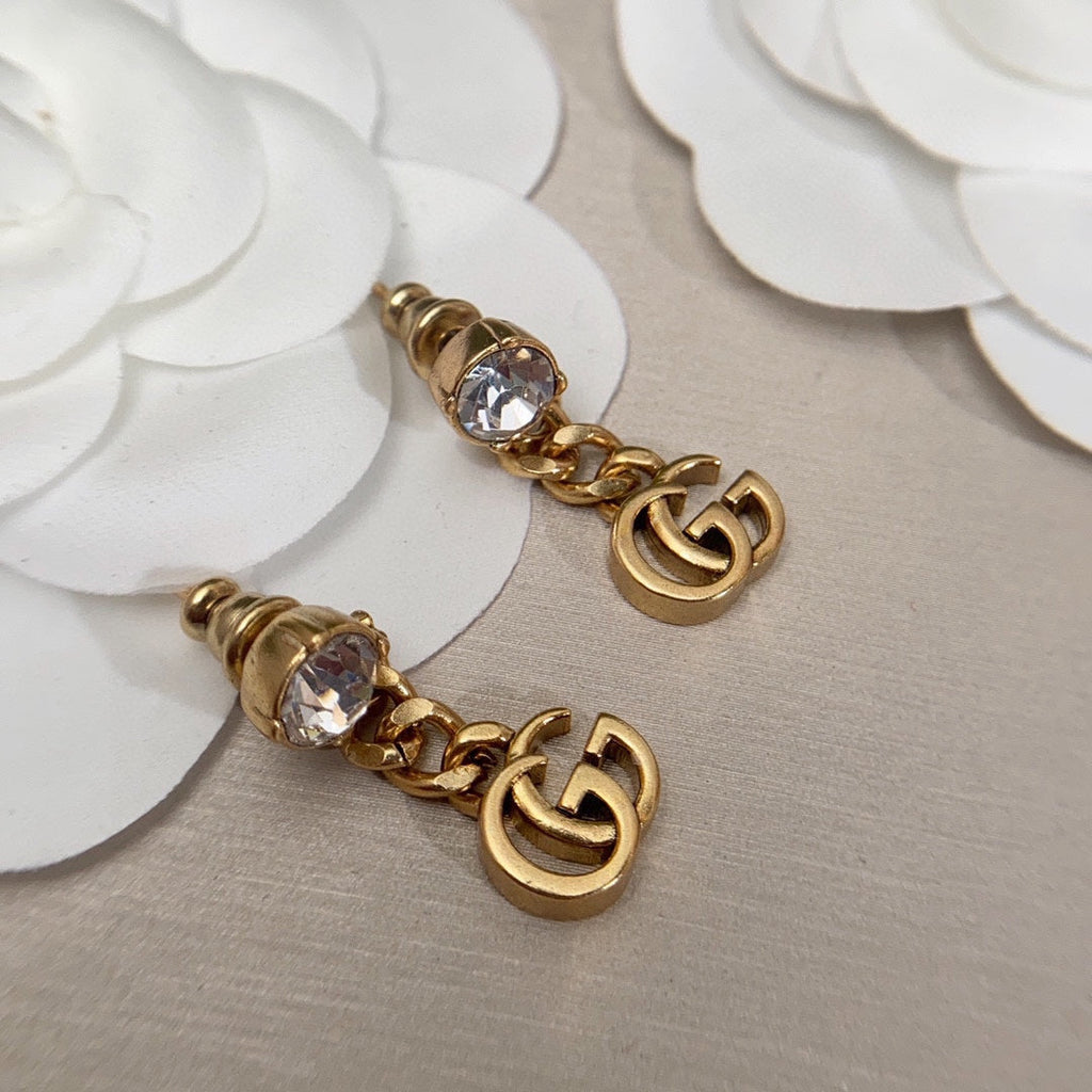 Gucci Double G Crystal Chain Earrings - 18K Yellow Gold