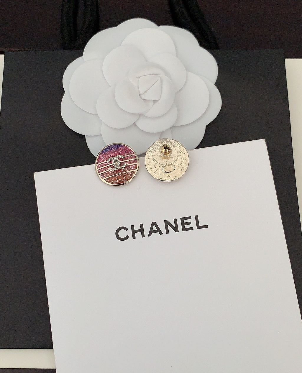 Chanel Pink Crystal Earrings - 18K Yellow Gold