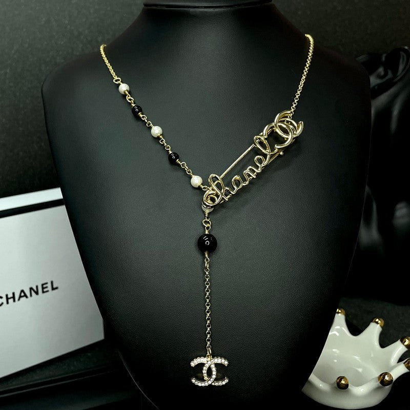 Chanel Rhinestone Pearl Letter Necklace