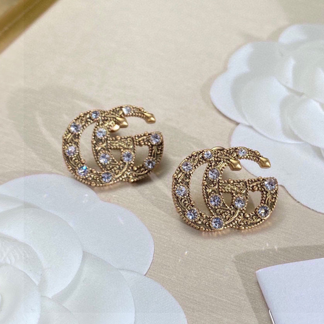 Gucci Double G Crystal Earrings - 18K Yellow Gold